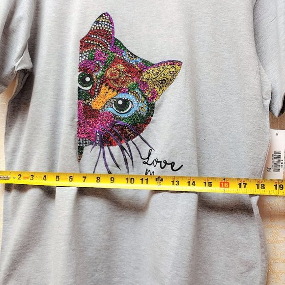 CAT LOVER Rhinestone plus size, Bling Tee, Exclusive. Handmade. GRAY - Picture 5 of 7
